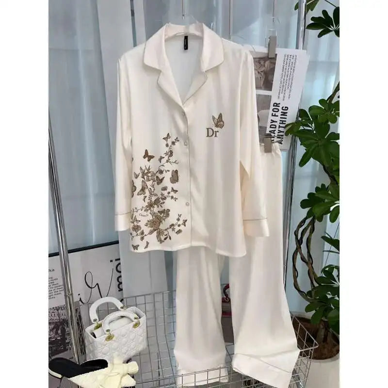 Pyjama élégant à imprimé papillon pour femme, style ins, en soie glacée à chevrons, respirant et doux, en satin