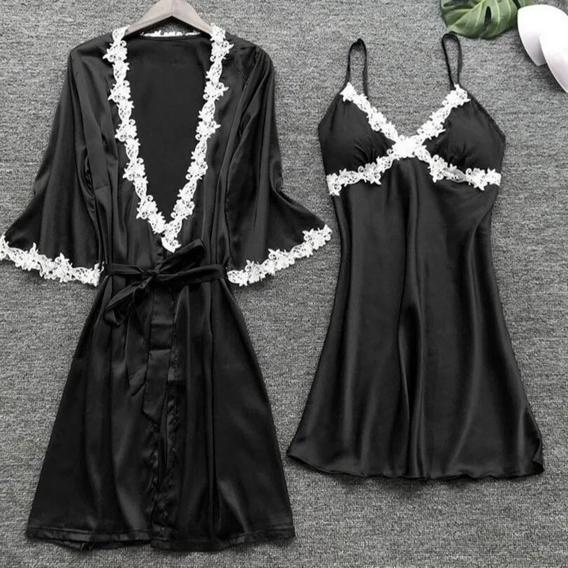 Pyjama cinq pièces sexy en dentelle, chemise de nuit, vêtements de nuit, printemps-été, peignoir ample en satin, vêtements de maison