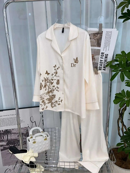 Pyjama élégant à imprimé papillon pour femme, style ins, en soie glacée à chevrons, respirant et doux, en satin