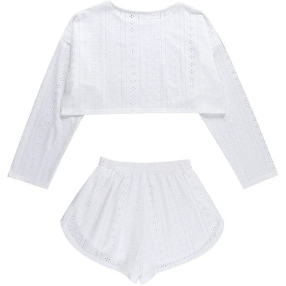 Pyjama d'été ajouré pour femme, haut à manches longues et short, ensemble 2 pièces