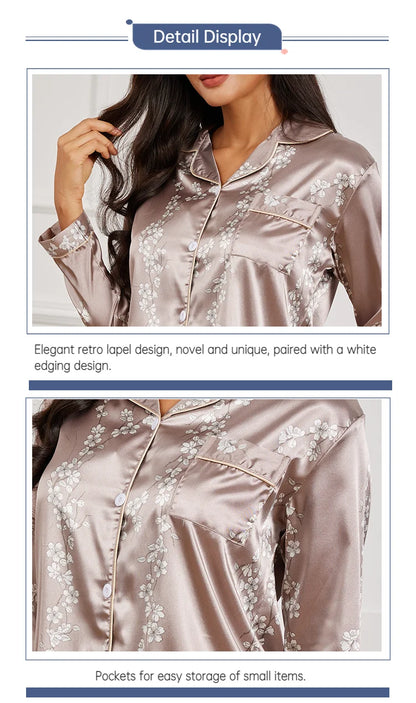 Pyjama 2 pièces en satin pour femme, vêtement d'automne à imprimé floral, haut à manches longues, pantalon de pyjama