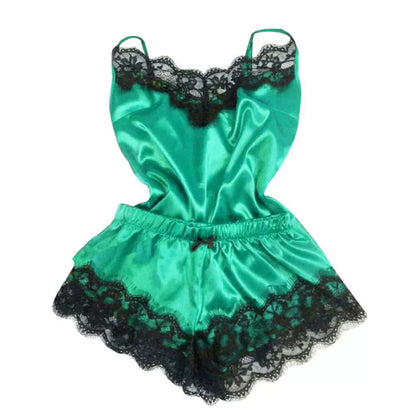 Ensemble de pyjama en satin et dentelle pour femme, vêtements de nuit, col en V, extensible, lingerie sexy, débardeur à bretelles, short, vêtements de nuit