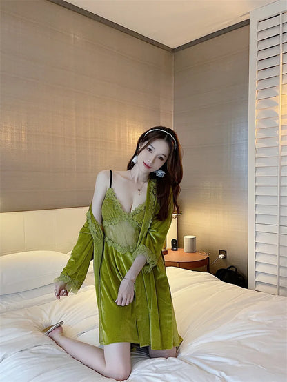 Pyjama sexy en velours pour femme - Robe à manches longues et chemise de nuit à bretelles en dentelle pour l'hiver et l'automne - Vêtements de nuit deux pièces confortables