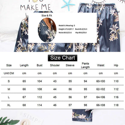 Pyjama 2 pièces en satin pour femme, vêtement d'automne à imprimé floral, haut à manches longues, pantalon de pyjama