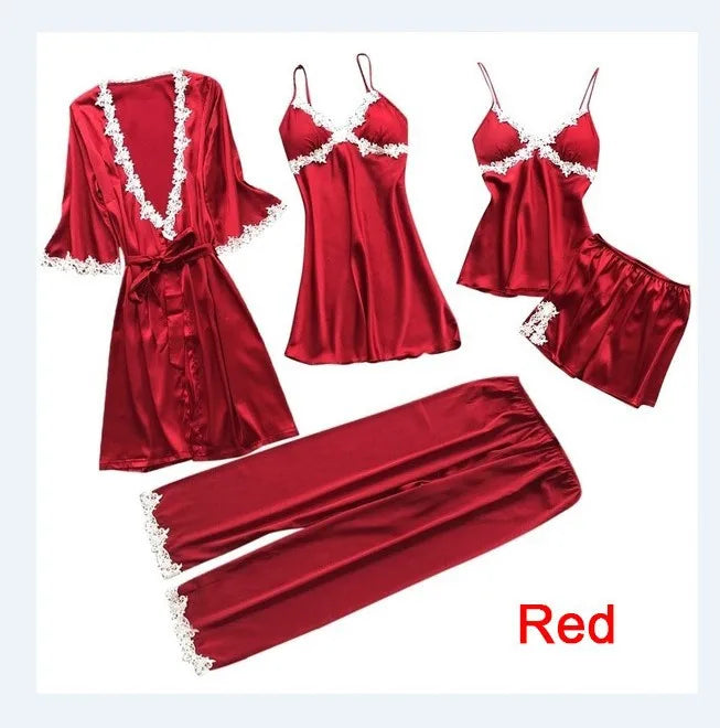 Pyjama cinq pièces sexy en dentelle, chemise de nuit, vêtements de nuit, printemps-été, peignoir ample en satin, vêtements de maison