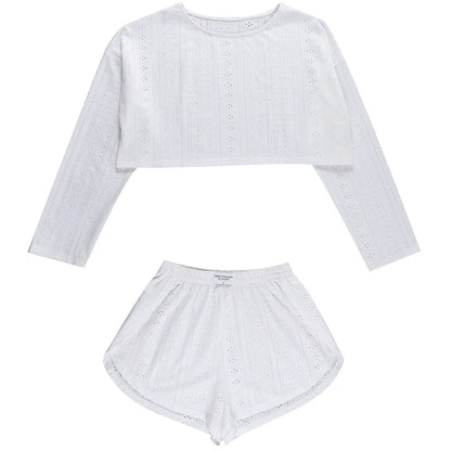 Pyjama d'été ajouré pour femme, haut à manches longues et short, ensemble 2 pièces