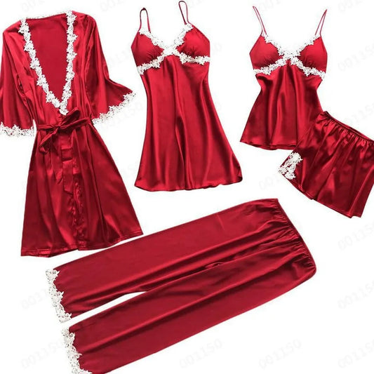 Pyjama cinq pièces sexy en dentelle, chemise de nuit, vêtements de nuit, printemps-été, peignoir ample en satin, vêtements de maison