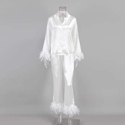 Ensemble 2 pièces à manches longues et pantalon long, pyjama blanc pour demoiselle d'honneur, robe de soirée en satin à revers multicolore, élasticité, pyjama sexy pour femme