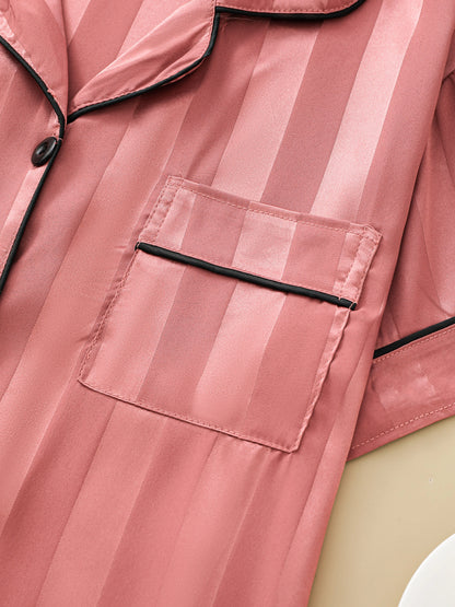 Ensemble de pyjama en satin jacquard rayé pour femme, chemisier à manches courtes avec revers et short ample, vêtements de détente pour femme