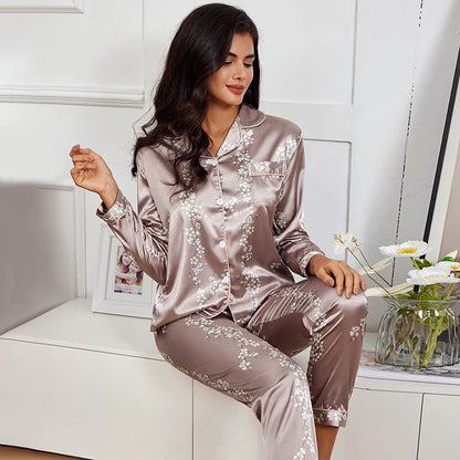 Pyjama 2 pièces en satin pour femme, vêtement d'automne à imprimé floral, haut à manches longues, pantalon de pyjama