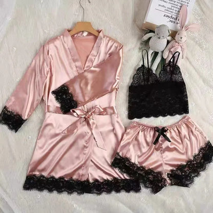 Pyjama élégant en satin à la mode, col en V, nœud papillon, short, caraco, chemise de nuit, culotte ample, ensembles de vêtements de nuit en dentelle pour filles