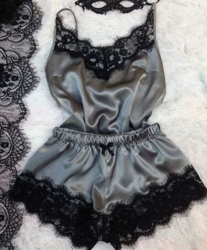 Ensemble de pyjama en satin et dentelle pour femme, vêtements de nuit, col en V, extensible, lingerie sexy, débardeur à bretelles, short, vêtements de nuit