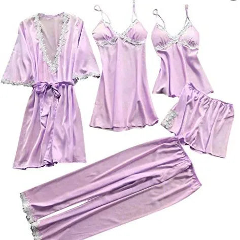 Pyjama cinq pièces sexy en dentelle, chemise de nuit, vêtements de nuit, printemps-été, peignoir ample en satin, vêtements de maison