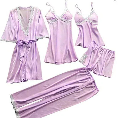Pyjama cinq pièces sexy en dentelle, chemise de nuit, vêtements de nuit, printemps-été, peignoir ample en satin, vêtements de maison