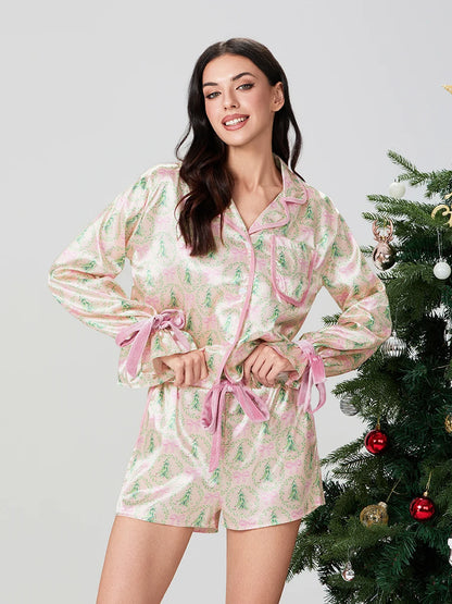 Pyjama de Noël 2025 pour femme, ensemble 2 pièces, chemise à manches longues et short en satin de soie, motif amusant