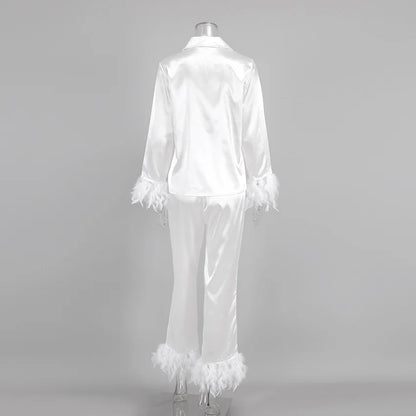 Ensemble 2 pièces à manches longues et pantalon long, pyjama blanc pour demoiselle d'honneur, robe de soirée en satin à revers multicolore, élasticité, pyjama sexy pour femme