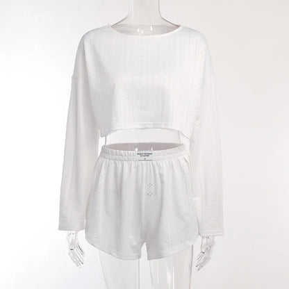 Pyjama d'été ajouré pour femme, haut à manches longues et short, ensemble 2 pièces