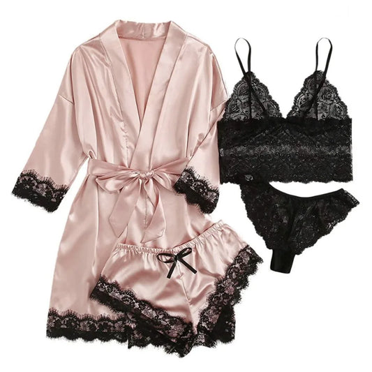 Pyjama élégant en satin à la mode, col en V, nœud papillon, short, caraco, chemise de nuit, culotte ample, ensembles de vêtements de nuit en dentelle pour filles