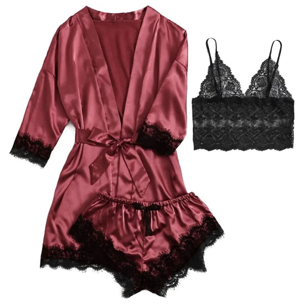 Pyjama élégant en satin à la mode, col en V, nœud papillon, short, caraco, chemise de nuit, culotte ample, ensembles de vêtements de nuit en dentelle pour filles