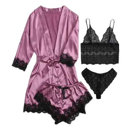 Pyjama élégant en satin à la mode, col en V, nœud papillon, short, caraco, chemise de nuit, culotte ample, ensembles de vêtements de nuit en dentelle pour filles