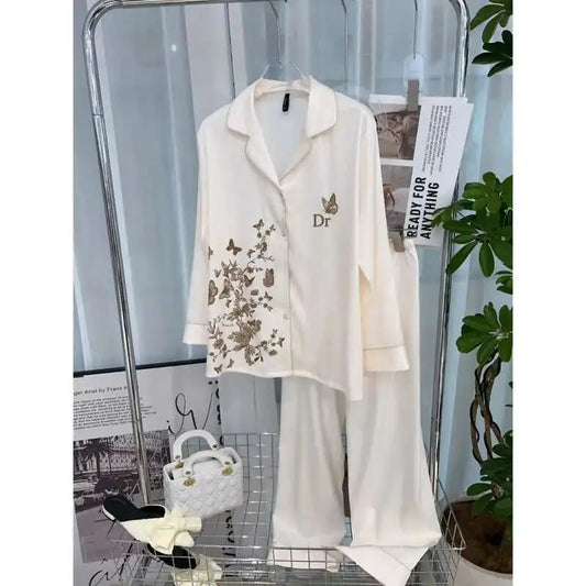 Pyjama élégant à imprimé papillon pour femme, style ins, en soie glacée à chevrons, respirant et doux, en satin