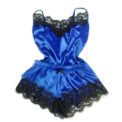 Ensemble de pyjama en satin et dentelle pour femme, vêtements de nuit, col en V, extensible, lingerie sexy, débardeur à bretelles, short, vêtements de nuit