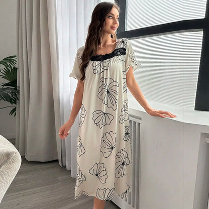 Pyjama d'été une pièce pour femme, imprimé floral élégant, col carré, longue chemise de nuit ample, peut être porté à l'extérieur, peignoir de maison