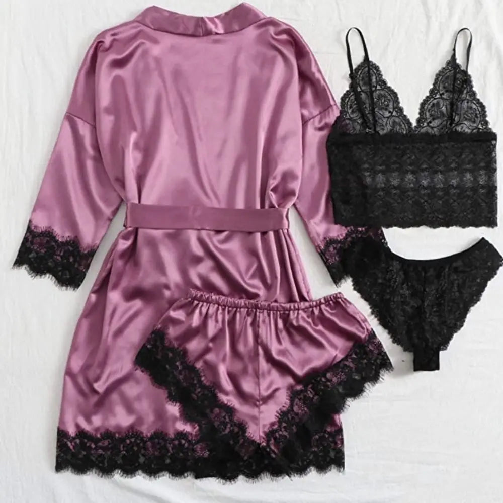 Pyjama élégant en satin à la mode, col en V, nœud papillon, short, caraco, chemise de nuit, culotte ample, ensembles de vêtements de nuit en dentelle pour filles