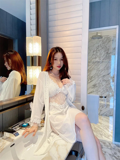 Pyjama sexy en velours pour femme - Robe à manches longues et chemise de nuit à bretelles en dentelle pour l'hiver et l'automne - Vêtements de nuit deux pièces confortables