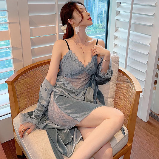 Pyjama sexy en velours pour femme - Robe à manches longues et chemise de nuit à bretelles en dentelle pour l'hiver et l'automne - Vêtements de nuit deux pièces confortables