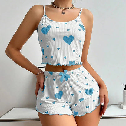 Ensemble pyjama 2 pièces pour femme, débardeur court et short, taille SML, blanc, respirant, doux, décontracté, imprimé Love