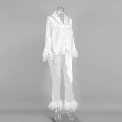 Ensemble 2 pièces à manches longues et pantalon long, pyjama blanc pour demoiselle d'honneur, robe de soirée en satin à revers multicolore, élasticité, pyjama sexy pour femme