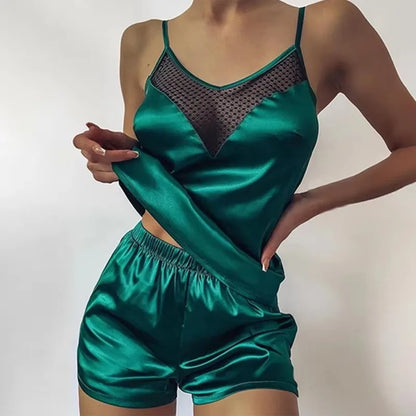 Ensemble de pyjama en satin et dentelle pour femme, vêtements de nuit, col en V, extensible, lingerie sexy, débardeur à bretelles, short, vêtements de nuit