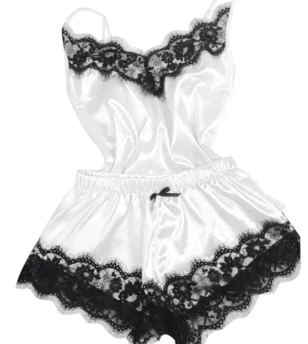 Ensemble de pyjama en satin et dentelle pour femme, vêtements de nuit, col en V, extensible, lingerie sexy, débardeur à bretelles, short, vêtements de nuit