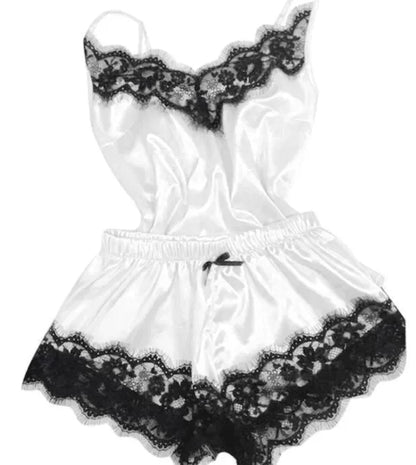 Ensemble de pyjama en satin et dentelle pour femme, vêtements de nuit, col en V, extensible, lingerie sexy, débardeur à bretelles, short, vêtements de nuit