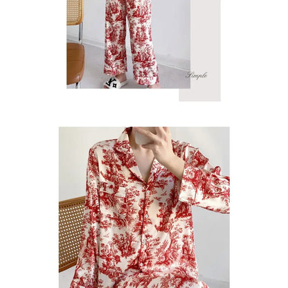 Ensemble pyjama 2 pièces pour femme, tenue de détente, imprimé floral rouge, manches longues, pantalon, vêtements de nuit amples en satin, chemise et pantalon