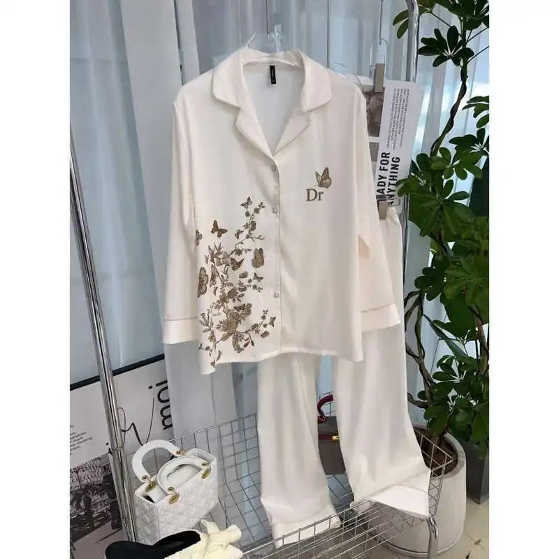Pyjama élégant à imprimé papillon pour femme, style ins, en soie glacée à chevrons, respirant et doux, en satin