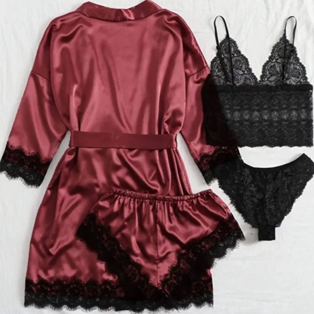 Pyjama élégant en satin à la mode, col en V, nœud papillon, short, caraco, chemise de nuit, culotte ample, ensembles de vêtements de nuit en dentelle pour filles