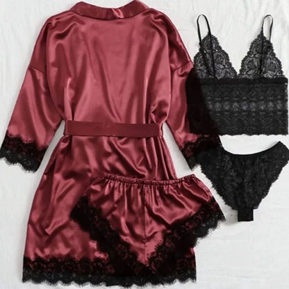 Pyjama élégant en satin à la mode, col en V, nœud papillon, short, caraco, chemise de nuit, culotte ample, ensembles de vêtements de nuit en dentelle pour filles