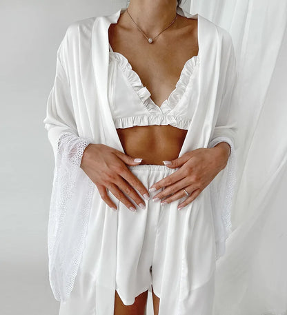 Ensembles de pyjama en dentelle patchwork avec soutien-gorge et sous-vêtements sexy en satin pour femme, 3 pièces, vêtements de nuit, peignoirs, 2023