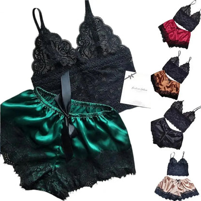 Ensemble de pyjama sexy en satin et dentelle pour femme, lingerie, short à bretelles élastiques, vêtements de nuit, sous-vêtements sans manches