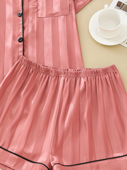 Ensemble de pyjama en satin jacquard rayé pour femme, chemisier à manches courtes avec revers et short ample, vêtements de détente pour femme