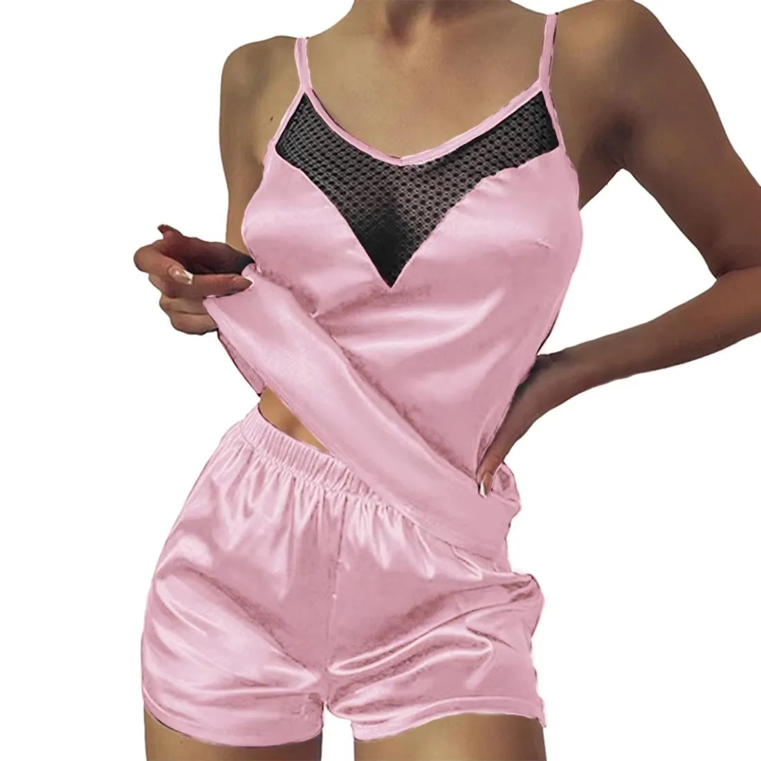 Ensemble de pyjama en satin et dentelle pour femme, vêtements de nuit, col en V, extensible, lingerie sexy, débardeur à bretelles, short, vêtements de nuit