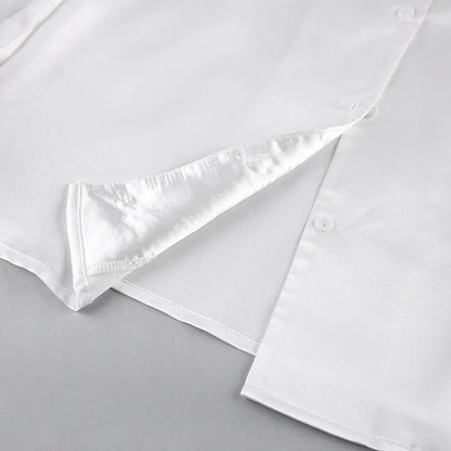 Ensemble 2 pièces à manches longues et pantalon long, pyjama blanc pour demoiselle d'honneur, robe de soirée en satin à revers multicolore, élasticité, pyjama sexy pour femme