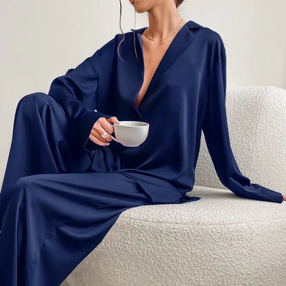 Ensemble de pyjama sexy à coupe basse pour femme, pantalon ample et décontracté à manches longues, en satin de soie uni, haut ajusté, 2 pièces