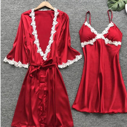 Pyjama cinq pièces sexy en dentelle, chemise de nuit, vêtements de nuit, printemps-été, peignoir ample en satin, vêtements de maison