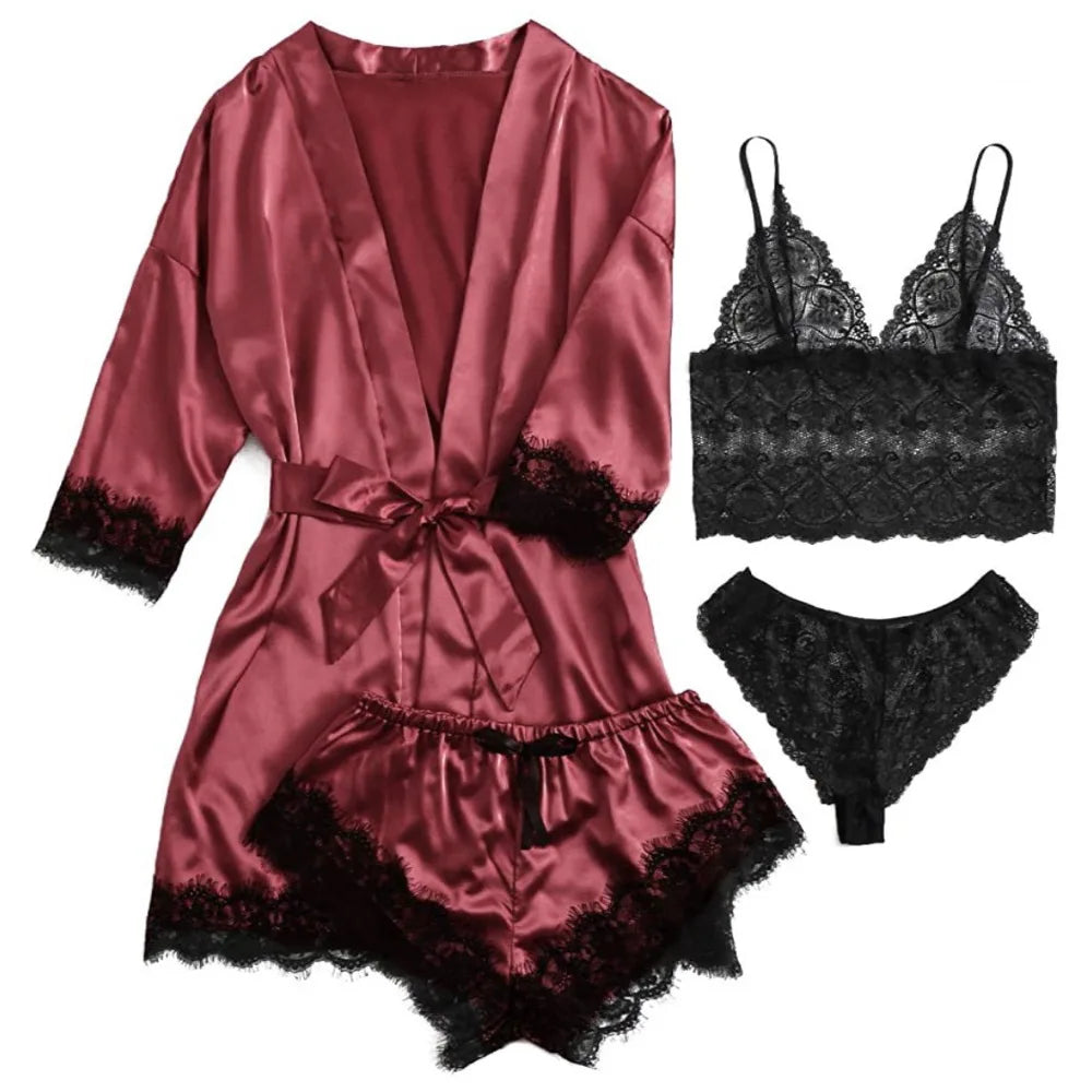 Pyjama élégant en satin à la mode, col en V, nœud papillon, short, caraco, chemise de nuit, culotte ample, ensembles de vêtements de nuit en dentelle pour filles