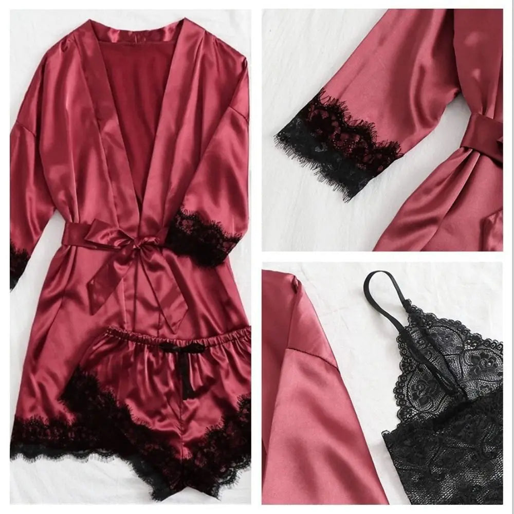 Pyjama élégant en satin à la mode, col en V, nœud papillon, short, caraco, chemise de nuit, culotte ample, ensembles de vêtements de nuit en dentelle pour filles