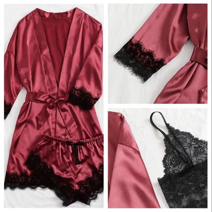 Pyjama élégant en satin à la mode, col en V, nœud papillon, short, caraco, chemise de nuit, culotte ample, ensembles de vêtements de nuit en dentelle pour filles