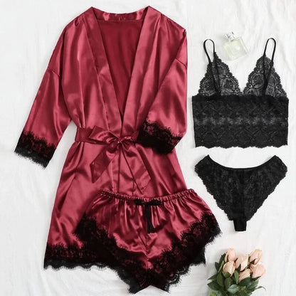 Pyjama tendance pour femme, imprimé, sexy, bordure en dentelle, imitation soie, satin, doux pour la peau, confortable, vêtements de détente, pyjama sexy